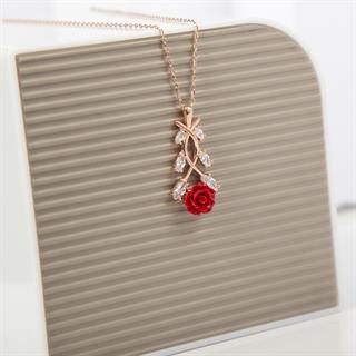 Kırmızı Gül Desenli Rose Kaplama 925 Gümüş Kadın Kolye