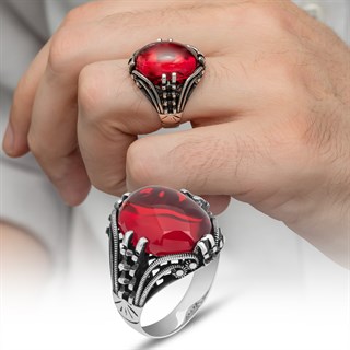 Kırmızı Lal Taşlı Oval 925 Gümüş Erkek Yüzük