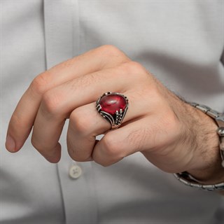 Kırmızı Lal Taşlı Oval 925 Gümüş Erkek Yüzük