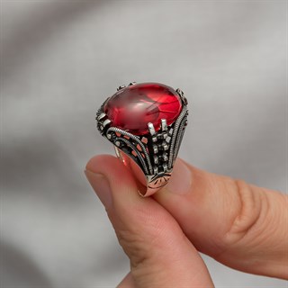 Kırmızı Lal Taşlı Oval 925 Gümüş Erkek Yüzük