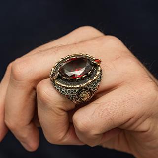 Kırmızı Taşlı Aslan Başı 925 Ayar Erkek Gümüş Yüzük