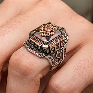 Kırmızı Taşlı Çiçek Motifli 925 Gümüş Yüzük Erkek
