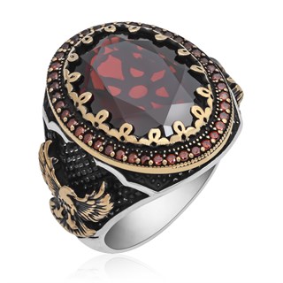Kırmızı Taşlı Kartal Motifli 925 Gümüş Erkek Yüzük