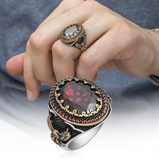 Kırmızı Taşlı Kartal Motifli 925 Gümüş Erkek Yüzük