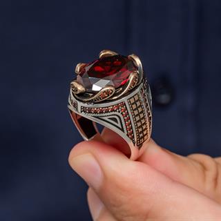 Kırmızı Taşlı Dalga Desen 925 Gümüş Yüzük