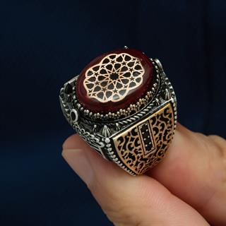 Kırmızı Taşlı Desenli 925 Gümüş Erkek Yüzük