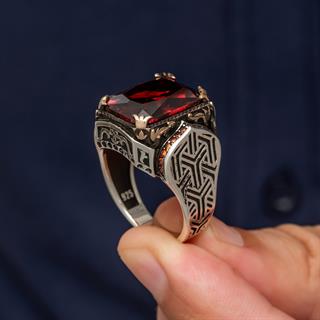 Kırmızı Taşlı Kare 925 Gümüş Erkek Yüzük