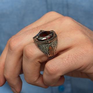 Kırmızı Taşlı Oval 925 Gümüş Erkek Yüzük