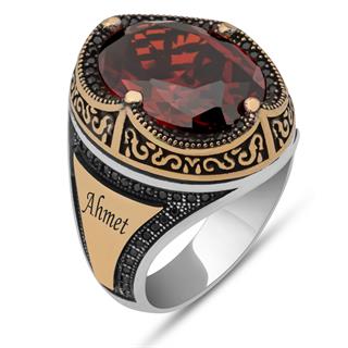 Kırmızı Taşlı Oval İsimli 925 Gümüş Erkek Yüzük