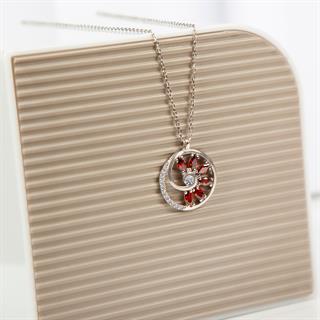 Kırmızı Taşlı Rodyum Kaplama 925 Gümüş Kadın Kolye