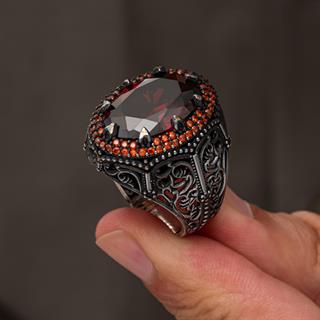 Kırmızı Taşlı Zirkon 925 Gümüş Yüzük Erkek