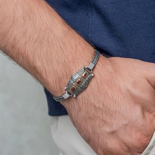 Kırmızı Üç Taş Motifli 925 Ayar Gümüş Erkek Bileklik