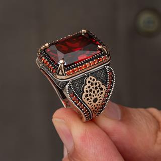 Kırmızı Zirkon Taşlı 925 Gümüş Yüzük Erkek