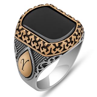 Kişiye Özel Harfli Siyah Oniks Taşlı 925 Gümüş Yüzük Erkek