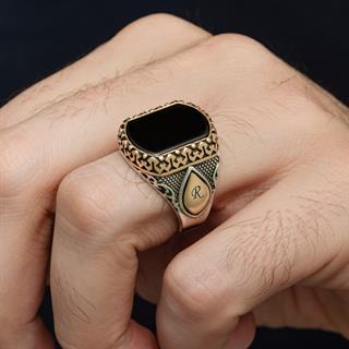 Kişiye Özel Harfli Siyah Oniks Taşlı 925 Gümüş Yüzük Erkek