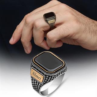 Kişiye Özel İsimli Siyah Oniks Taşlı 925 Gümüş Yüzük Erkek