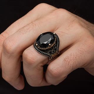 Siyah Taşlı Oval 925 Gümüş Erkek Yüzük