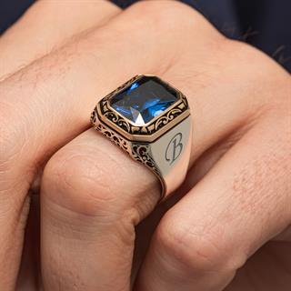 Lacivert Parlament Mavi Taşlı Harfli 925 Gümüş Yüzük Erkek