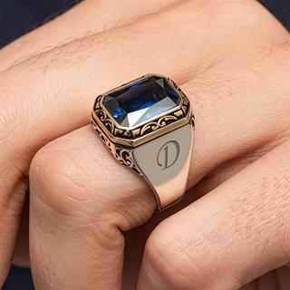 Lacivert Parlament Mavi Taşlı Harfli 925 Gümüş Yüzük Erkek