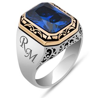 Lacivert Parlament Mavi Taşlı Harfli 925 Gümüş Yüzük Erkek