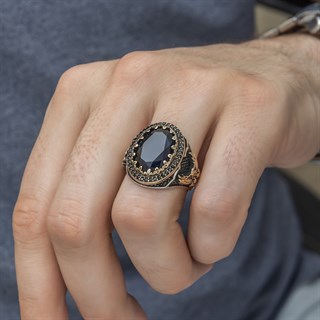 Lacivert Taşlı Çift Başlı Kartal Motifli Gümüş Erkek Yüzük