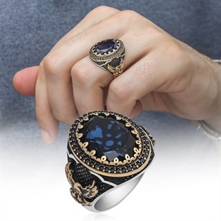 Lacivert Taşlı Çift Başlı Kartal Motifli Gümüş Erkek Yüzük