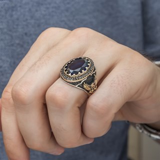 Lacivert Taşlı Çift Başlı Kartal Motifli Gümüş Erkek Yüzük