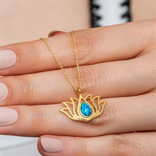 Lotus Çiçeği Opal Taşlı 925 Gümüş Kadın Kolye