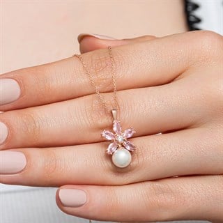Lotus İnci Taşlı Rose Kaplama 925 Gümüş Kadın Kolye