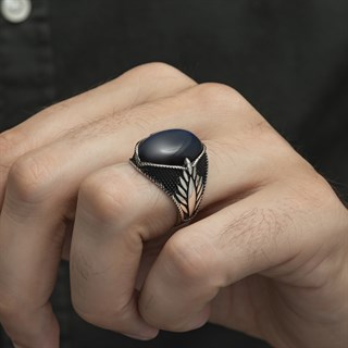 Mavi Kaplan Gözü Taşlı Oval 925 Gümüş Erkek Yüzük