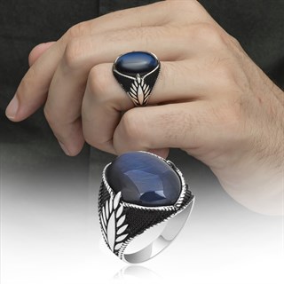 Mavi Kaplan Gözü Taşlı Oval 925 Gümüş Erkek Yüzük