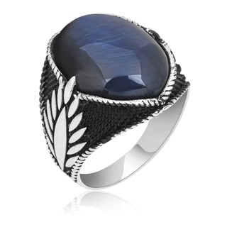 Mavi Kaplan Gözü Taşlı Oval 925 Gümüş Erkek Yüzük