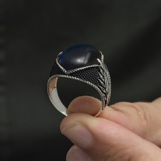 Mavi Kaplan Gözü Taşlı Oval 925 Gümüş Erkek Yüzük