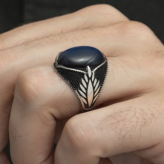 Mavi Kaplan Gözü Taşlı Oval 925 Gümüş Erkek Yüzük