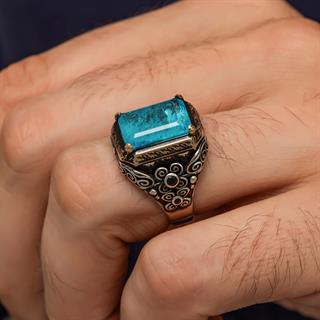 Mavi Paraiba Taşlı Kare 925 Gümüş Erkek Yüzük
