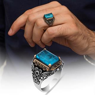Mavi Paraiba Taşlı Kare 925 Gümüş Erkek Yüzük