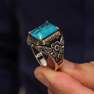 Mavi Paraiba Taşlı Kare 925 Gümüş Erkek Yüzük