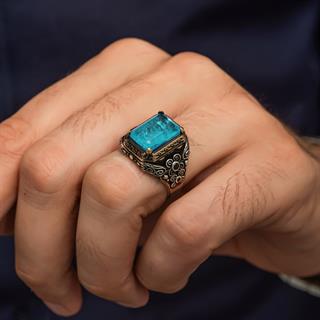 Mavi Paraiba Taşlı Kare 925 Gümüş Erkek Yüzük