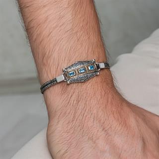 Mavi Üç Taş Motifli 925 Ayar Gümüş Erkek Bileklik