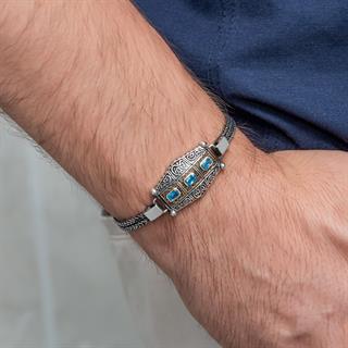 Mavi Üç Taş Motifli 925 Ayar Gümüş Erkek Bileklik