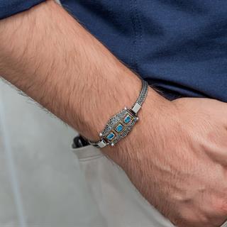 Mavi Üç Taş Motifli 925 Ayar Gümüş Erkek Bileklik