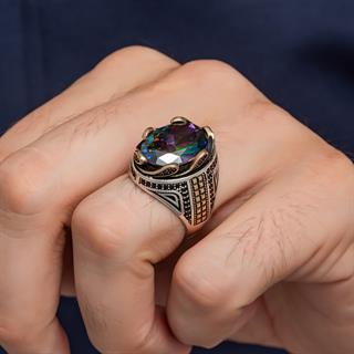Mistik Topaz Taşlı Dalga Desen 925 Gümüş Yüzük