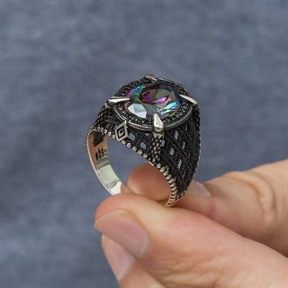 Mistik Topaz Taşlı Pençeli 925 Gümüş Erkek Yüzük