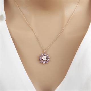 Mor Çiçek Taşlı 925 Gümüş Kadın Kolye