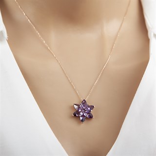Mor Taşlı Kamelya Çiçeği Rose Kaplama 925 Gümüş Kadın Kolye