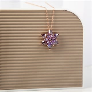 Mor Taşlı Kamelya Çiçeği Rose Kaplama 925 Gümüş Kadın Kolye