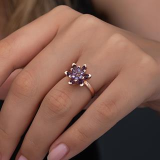 Mor Taşlı Lotus Çiçeği 925 Gümüş Kadın Yüzük