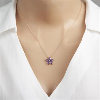 Mor Taşlı Kamelya Çiçeği  925 Gümüş Kadın Kolye