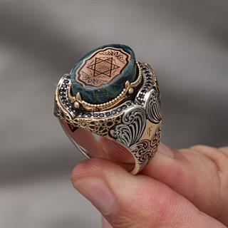 Mührü Süleyman İşeme Mavi Taşlı 925 Gümüş Erkek Yüzük