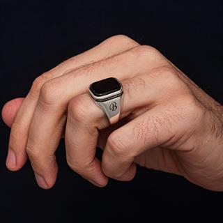 Oniks Taşlı Harfli 925 Gümüş Yüzük